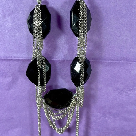 Silver Tone and Black Beaded Necklace and Earring Set - Picture 6 of 7